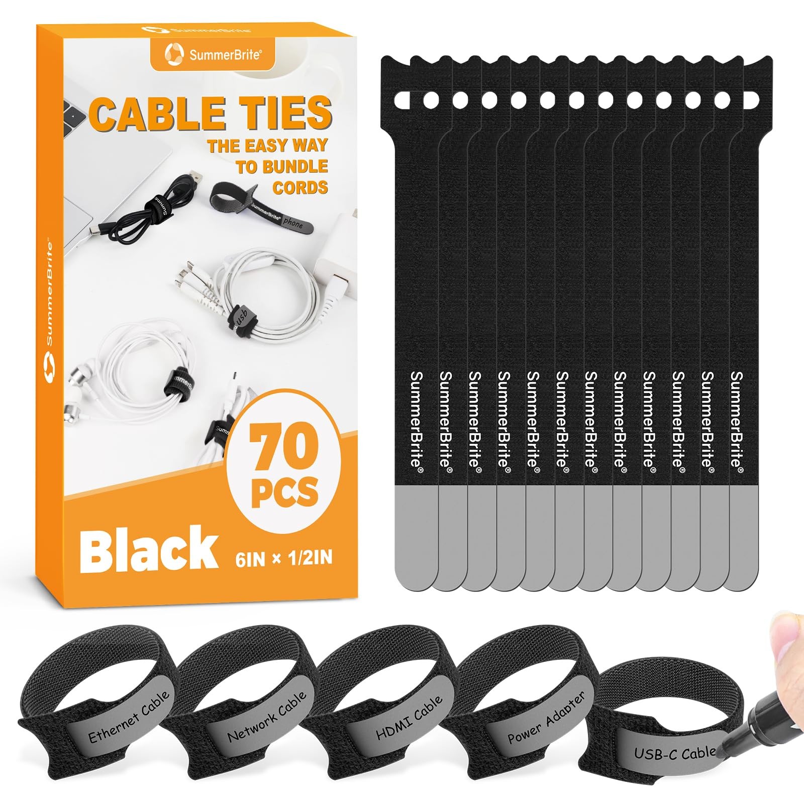 70 Black Reusable Cable Ties with Writable Labels 6 inch Wire Management Straps