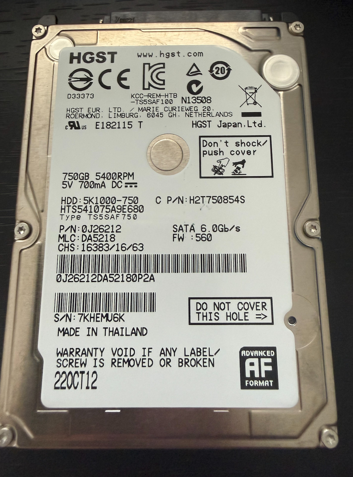 HGST 750GB HDD 5400 RPM Tested and Wiped 750GB