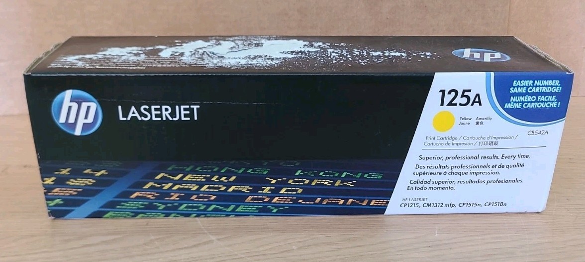 NEW GENUINE HP LASERJET 125A YELLOW TONER, CB542A, SLIGHT BOX DAMAGE BUT SEALED