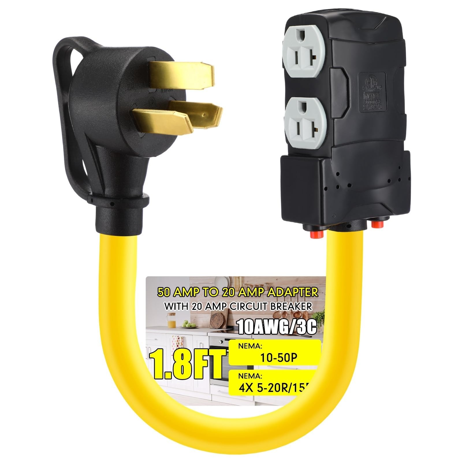 220 to 110 Adapter Compatible with NEMA 10-50P to 4X 5-20R/15R with 20 Amp Ci...