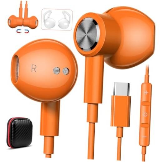 Jelanry Auriculares magnéticos USB-C con cable Auriculares estéreo HiFi Naranja