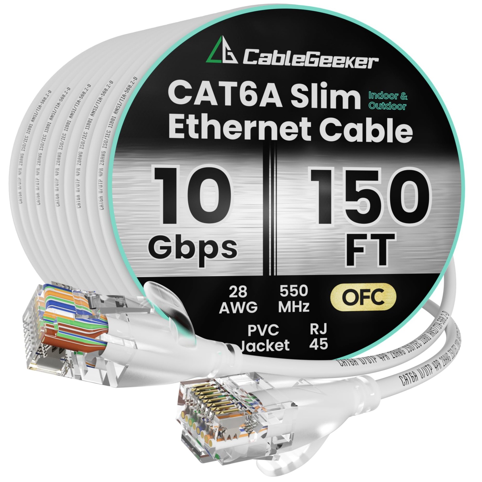 CAT6A Slim Ethernet Cable 150FT 10Gbps 550MHz RJ45 OFC Copper PVC Jacket White