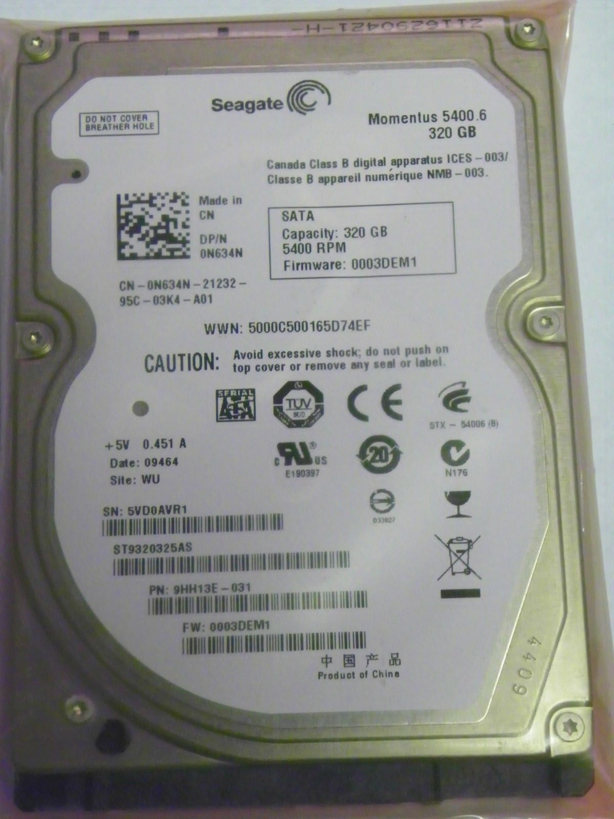  Seagate ST9320325AS P/N:9HH13E-031 FW:0003DEM1 WU N634N 320GB 2.5" SATA HDD