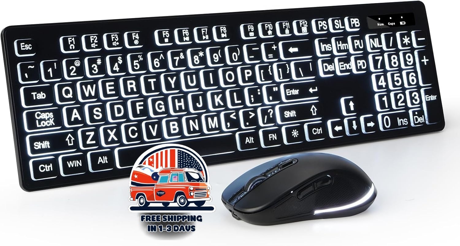 Teclado inalámbrico de letra grande para Windows, portátil, PC, negro US NUEVO 