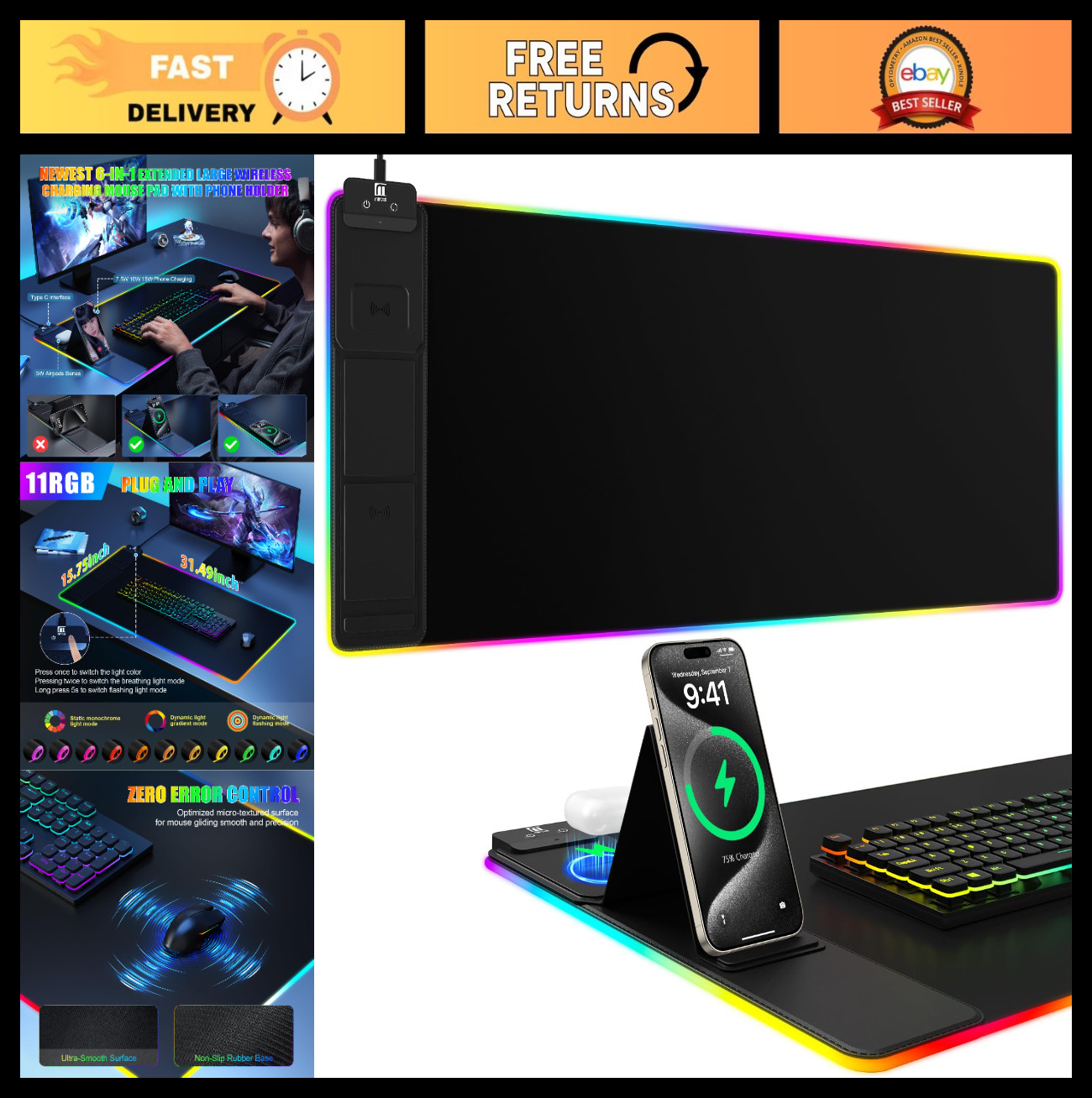 Large RGB Wireless Charging Mouse Pad with Phone Stand - Gaming Desk Mat
