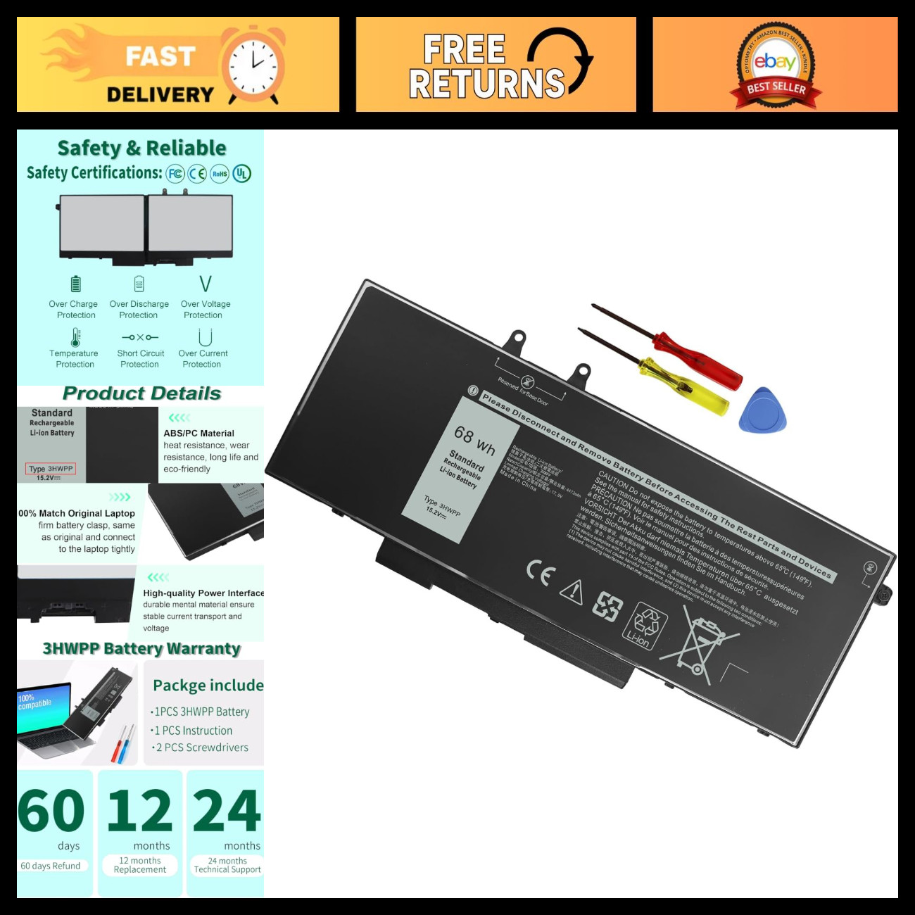 68Wh 15.2V Battery Replacement for Dell Inspiron 7706 2-in-1 Laptop, Black