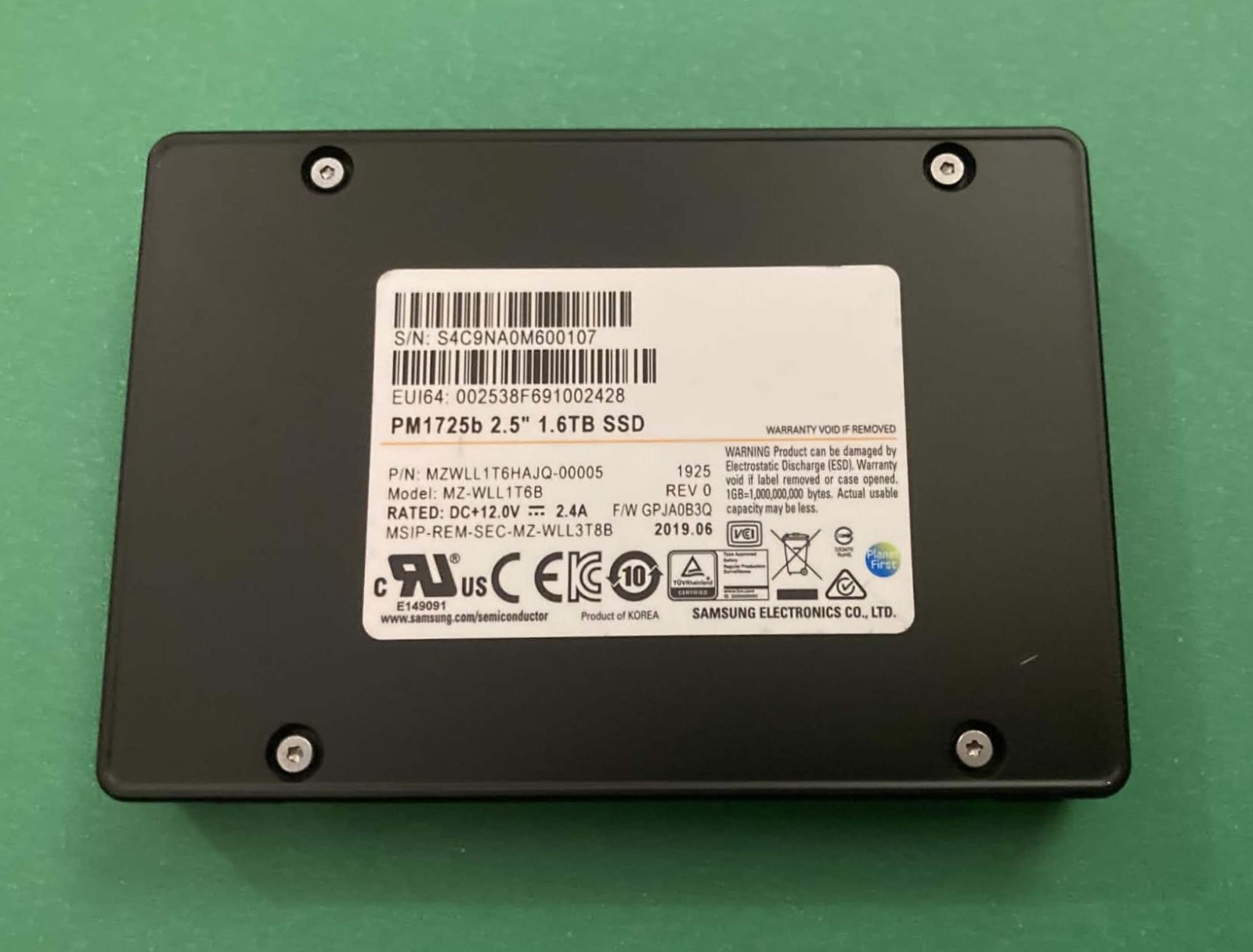 Samsung PM1725b 1.6TB U.2 NVMe SSD MZWLL1T6HAJQ-00005 Enterprise