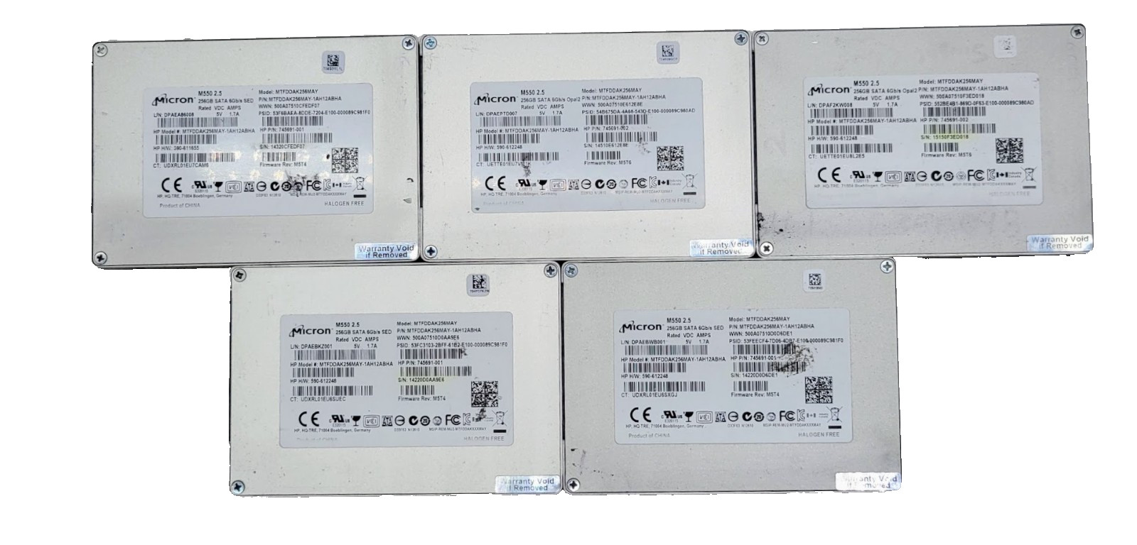 Lot of 5 Micron M550 2.5" SATA III MTFDDAK256MAY256GB SSD