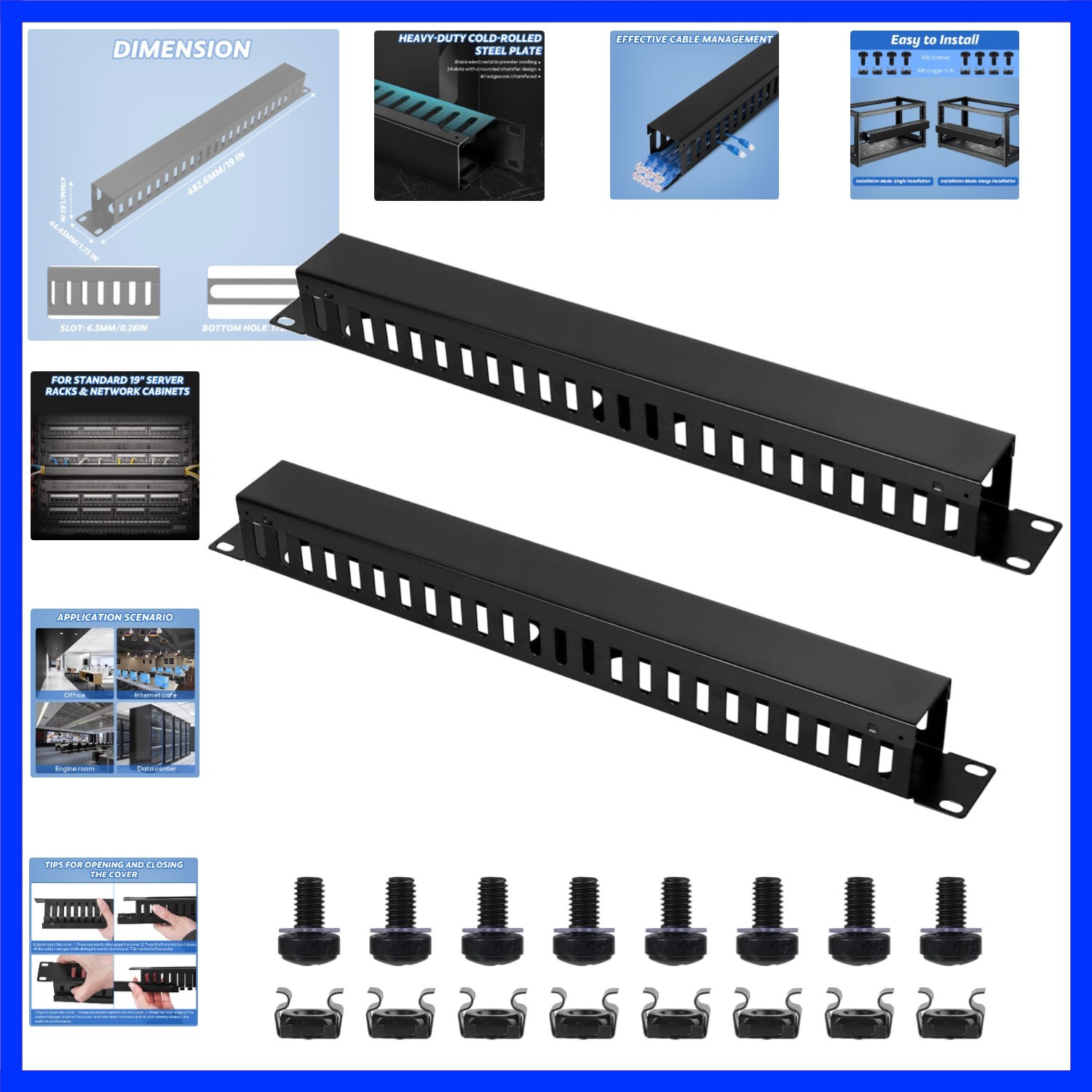2 Pack 19 Inch 1U Server Rack Cable Management -24 Slot Horizontal Rack Mount...