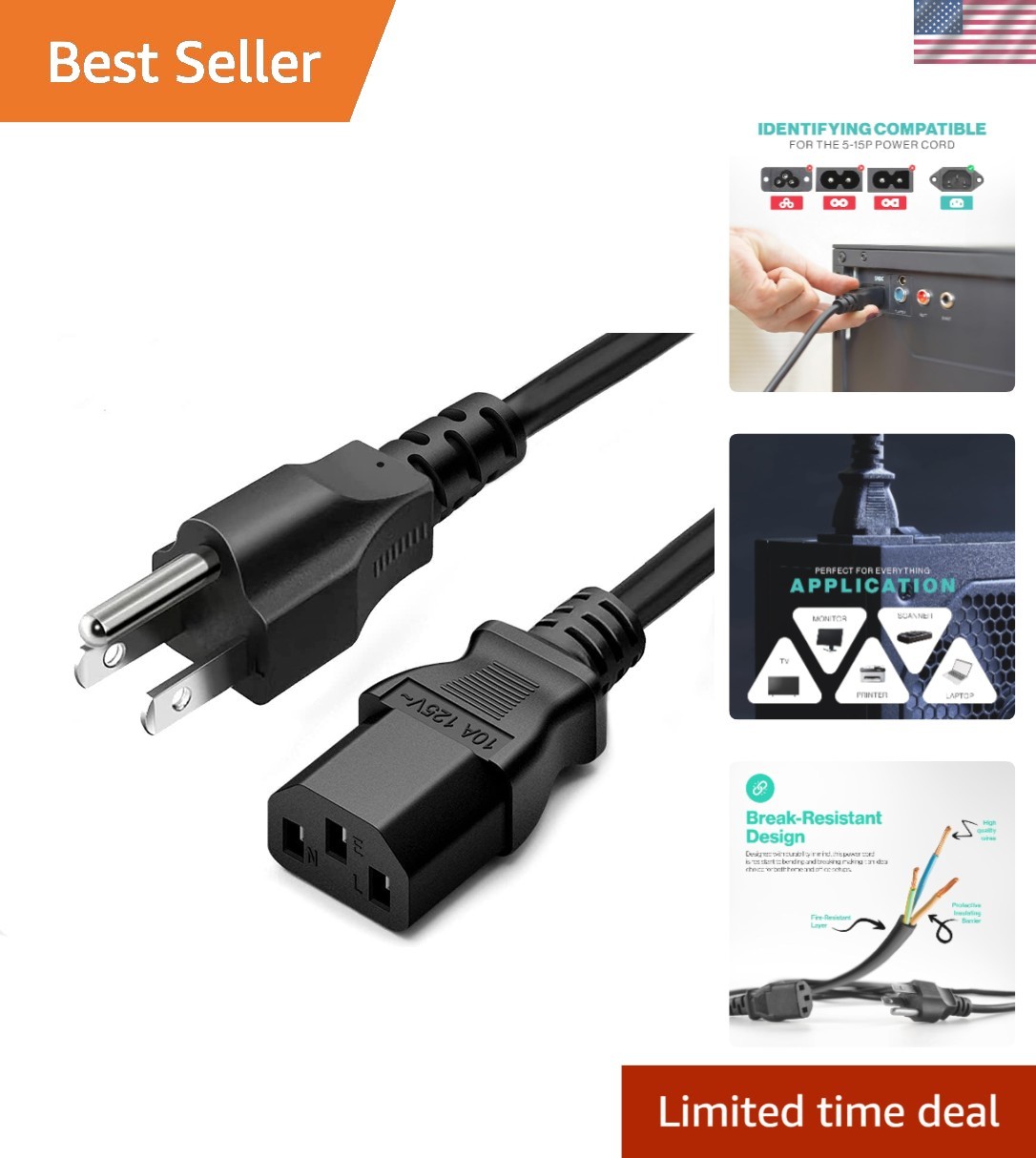 Versatile 20ft 3-Prong AC Power Cord - Reliable Replacement for Electronics