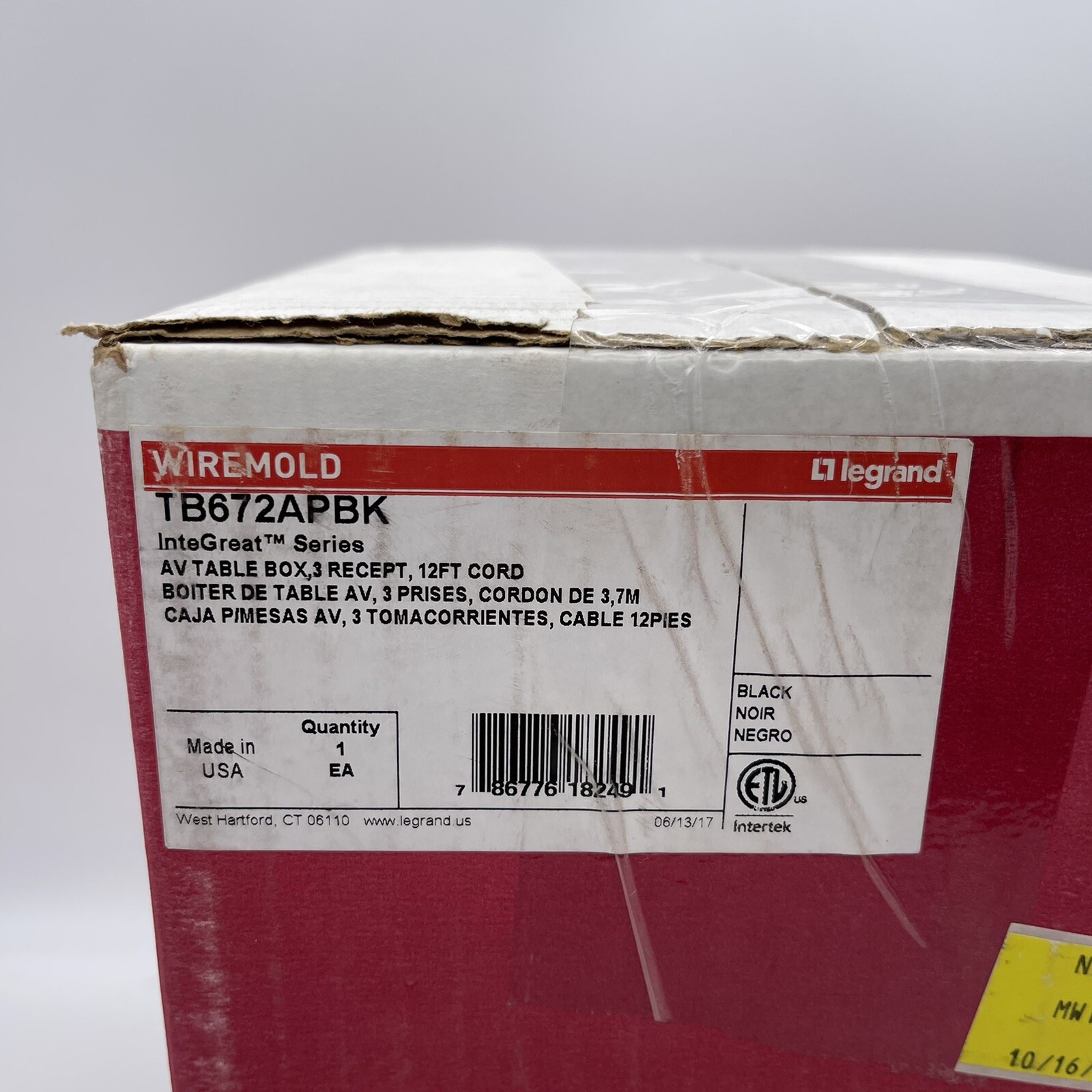 Legrand Wiremold TB672APBK A/V Table Box, 3 Recept, 12ft Cord, Black, Sealed