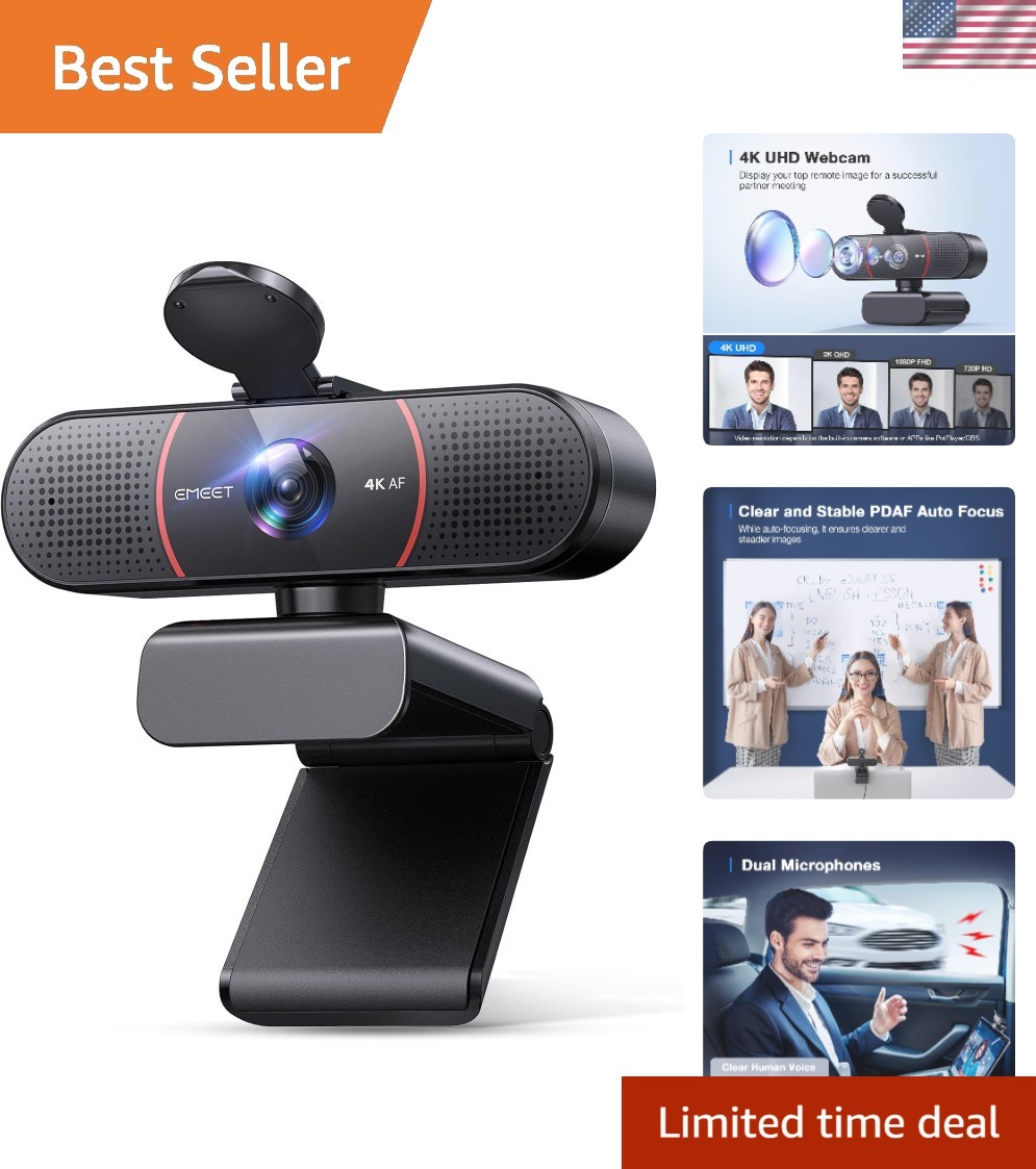 Ultra-Clear 4K Webcam with Dual Omnidirectional Mics & Auto Light Correction