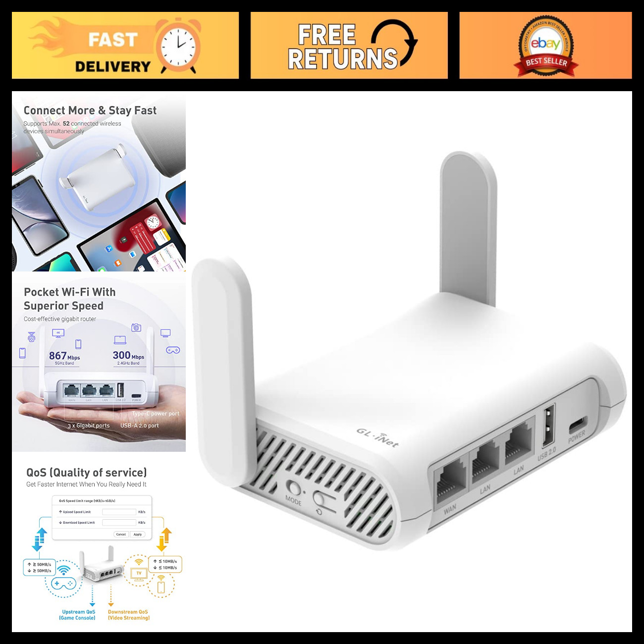 AC1200 Dual-Band Travel Router, Portable Wi-Fi Hotspot, Secure Internet Access