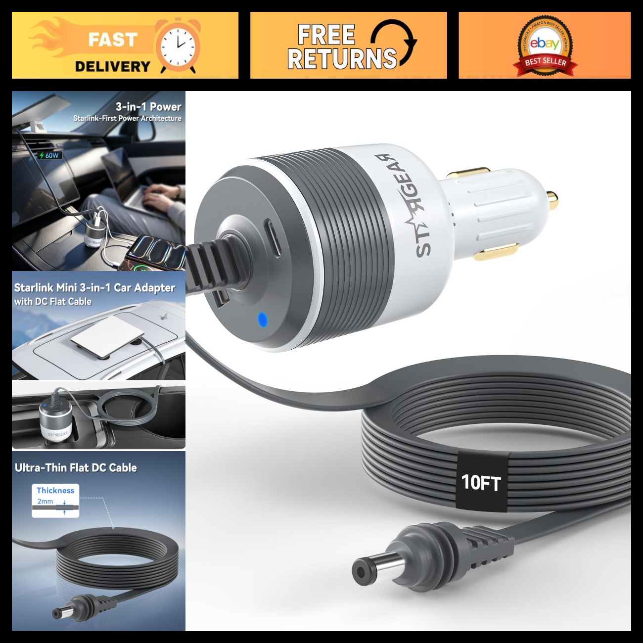 10FT Flat Cable Mini Car Adapter for Starlink, 24V Signal Booster - Fast Chargin