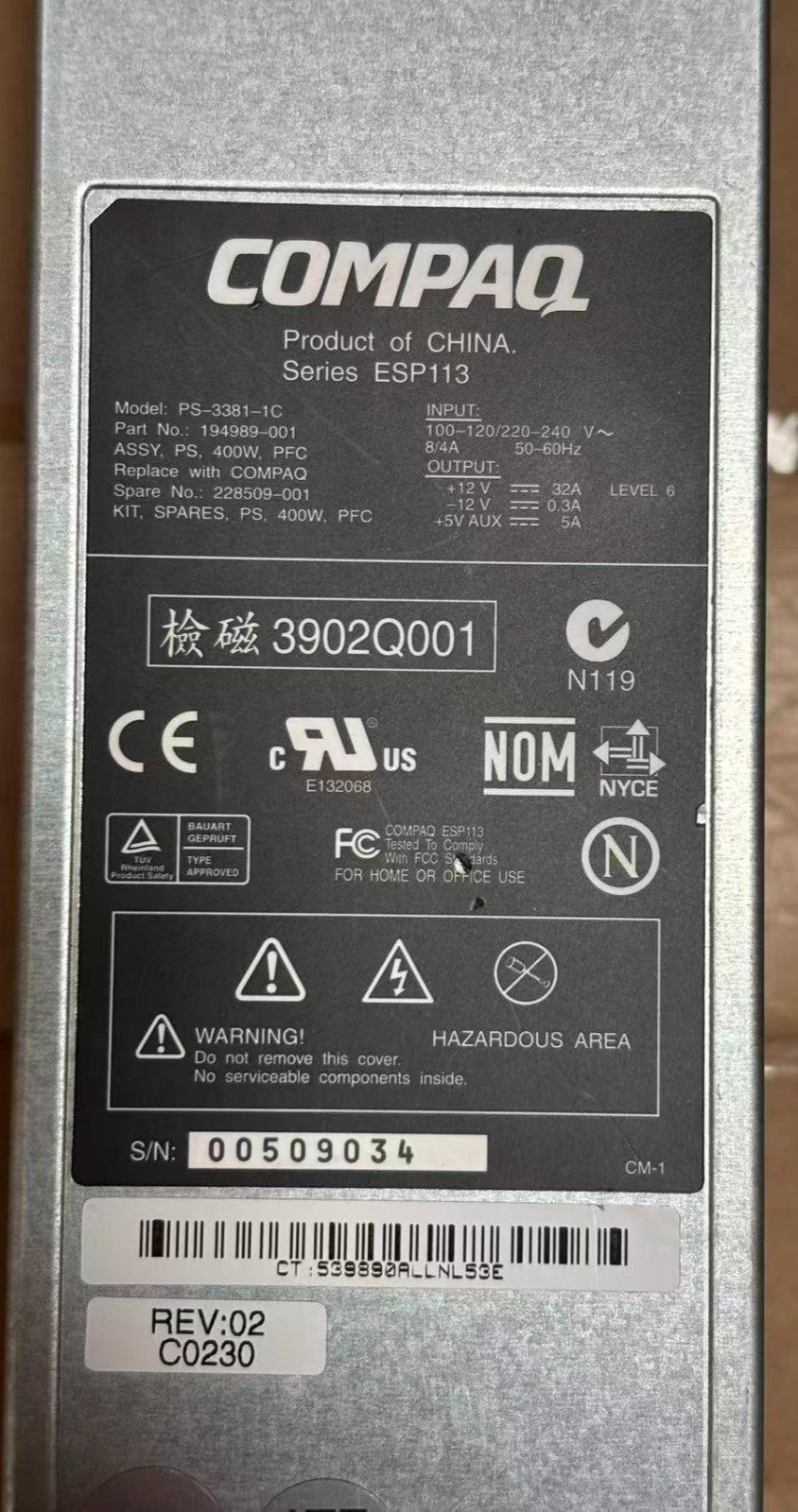 HP Compaq 400W Hot-Plug PSU 194989-001 228509-001 ProLiant DL380 G2 G3