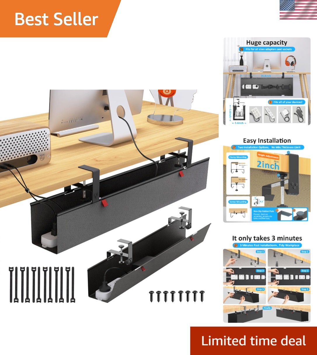 Easy Install Under Desk Wire Management Tray - Black Oxford Fabric, 35.8"