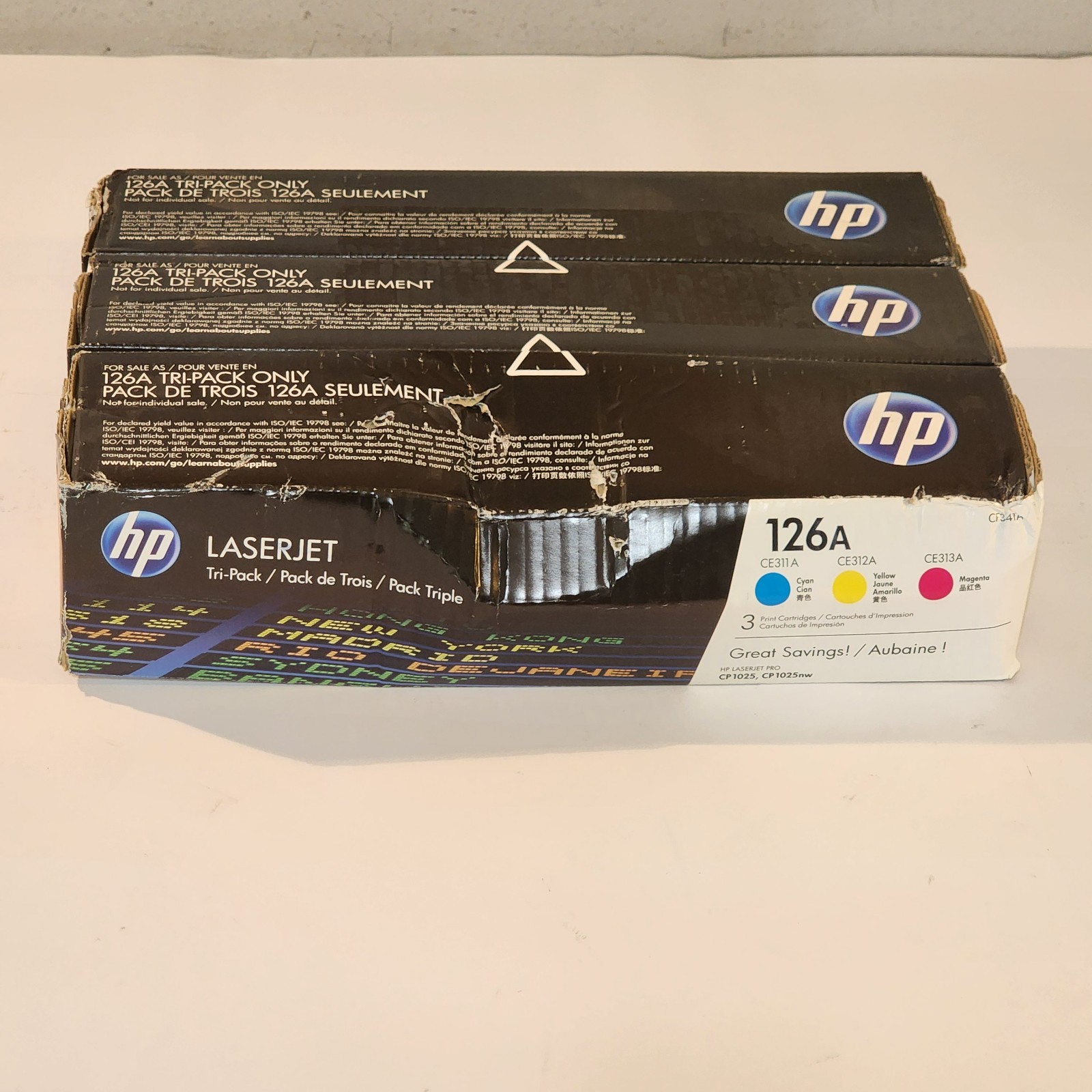 HP CE311A CE312A CE313A 3 Pack Cyan Yellow Magenta Toner Cartridge Genuine New