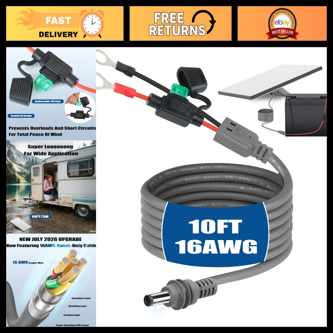 10FT 16AWG Waterproof Power Cable for Starlink Mini - Direct Battery Adapter, 15