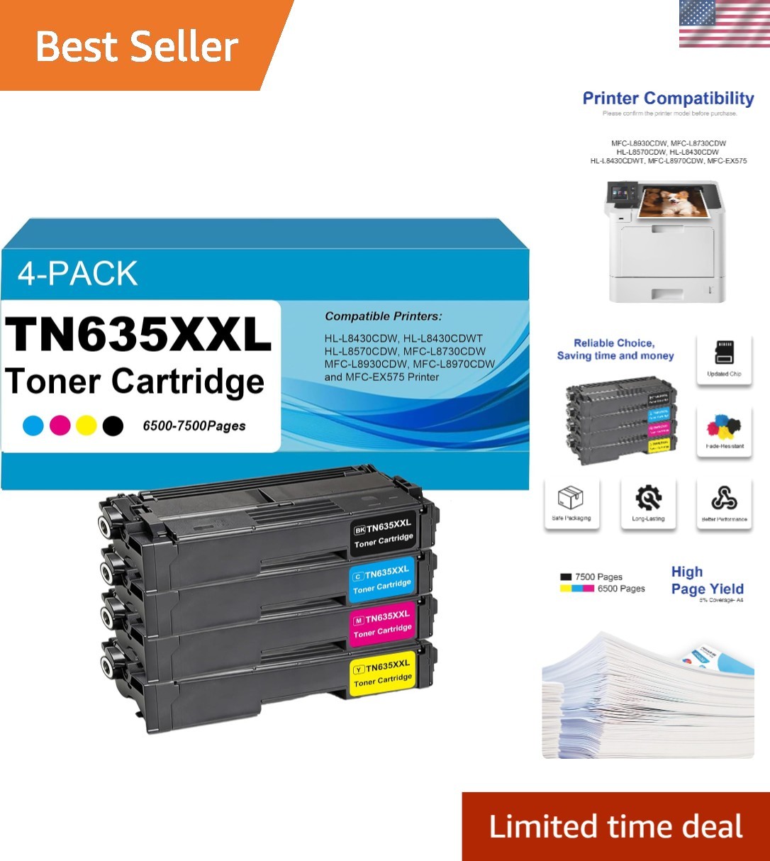 High Capacity TN635XXL Toner 4-Pack - Reliable Printing for Brother Printers