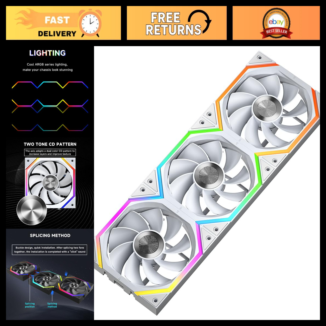 120mm ARGB PWM Cooling Fans for PC - Double Ring Design, 5V RGB, 3 Pack