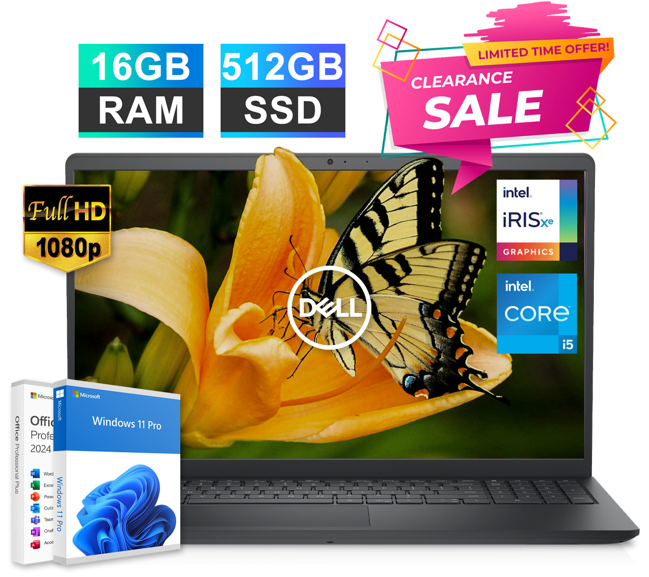 Dell Inspiron 15 Laptop 15.6 Notebook Intel i5 16GB RAM 512GB SSD Win Pro Office