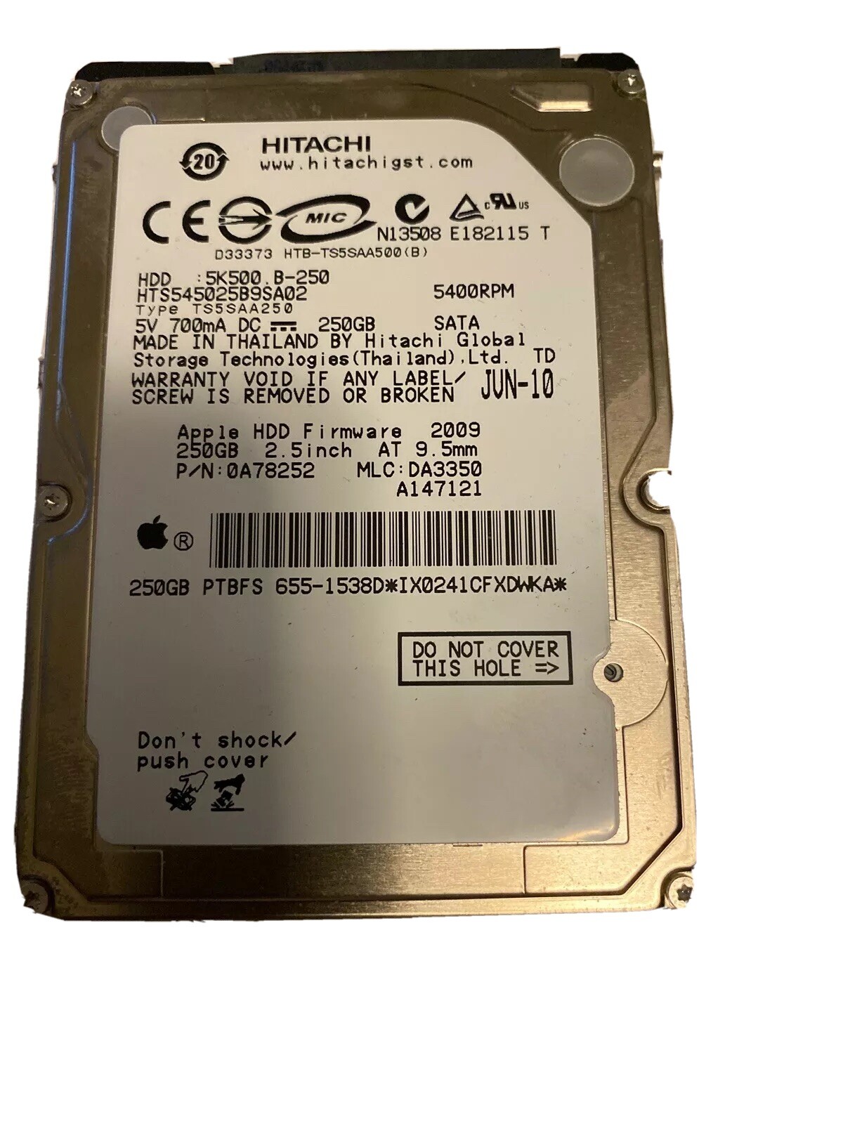 Hitachi HTS545025B9SA02 PN:0A78252 MLC:DA3350 Apple#655-1538D 250gb  Sata HDD