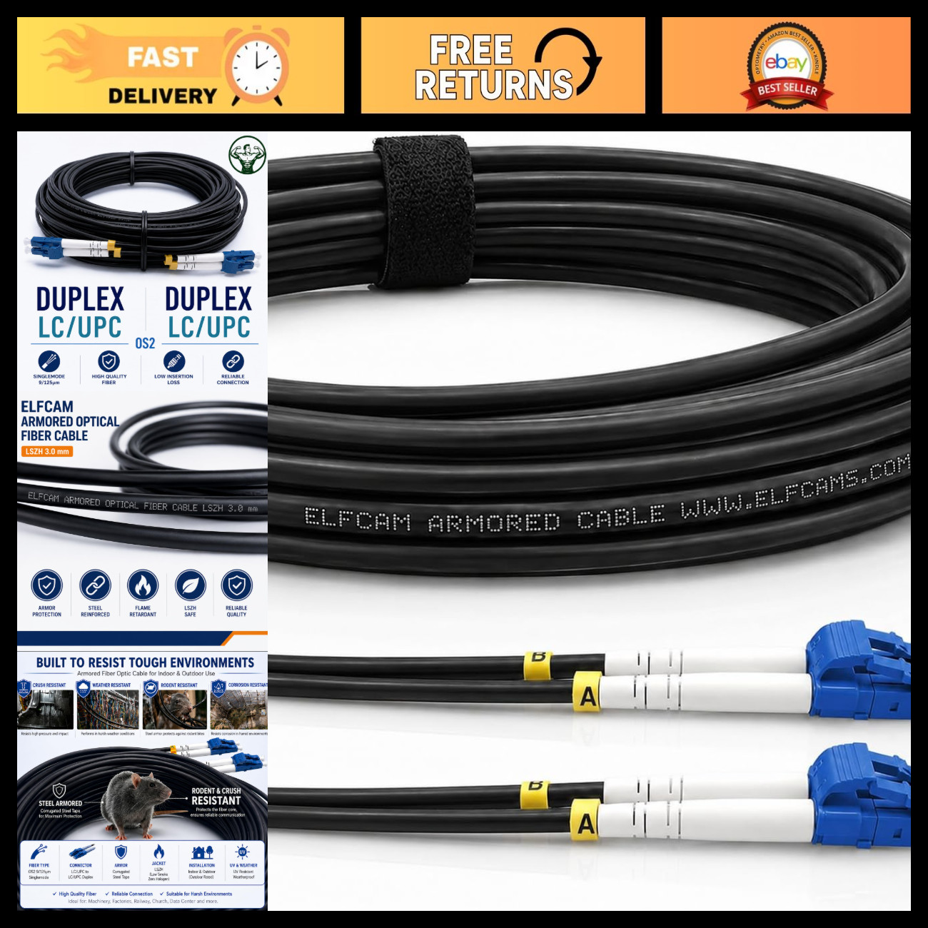 25m Armored Fiber Optic Cable LC/UPC to LC/UPC OS2 Singlemode Duplex 9/125μm LSZ