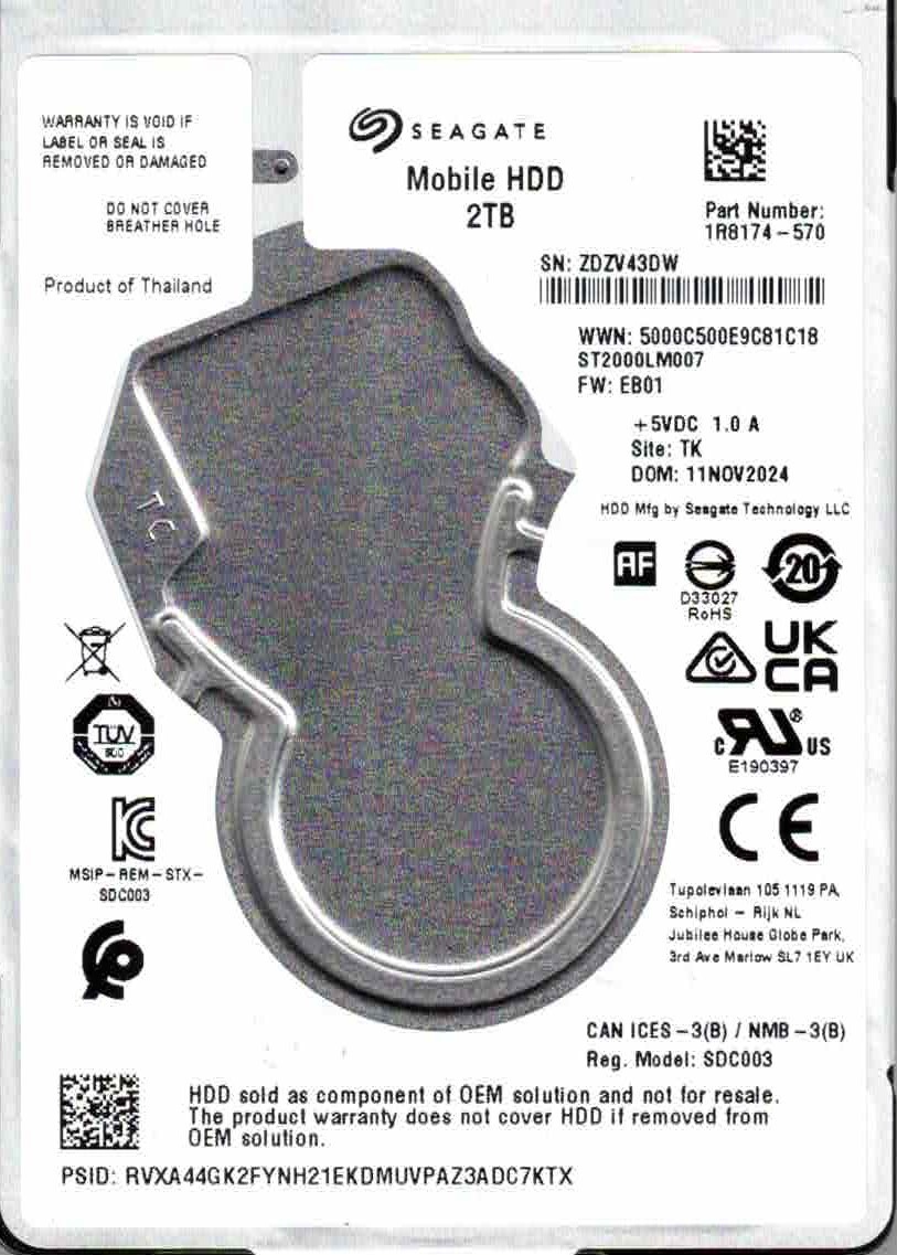 ST2000LM007,  1R8174-570,  EB01, TK,   ZDZV,  SEAGATE 2TB  NOV 2024