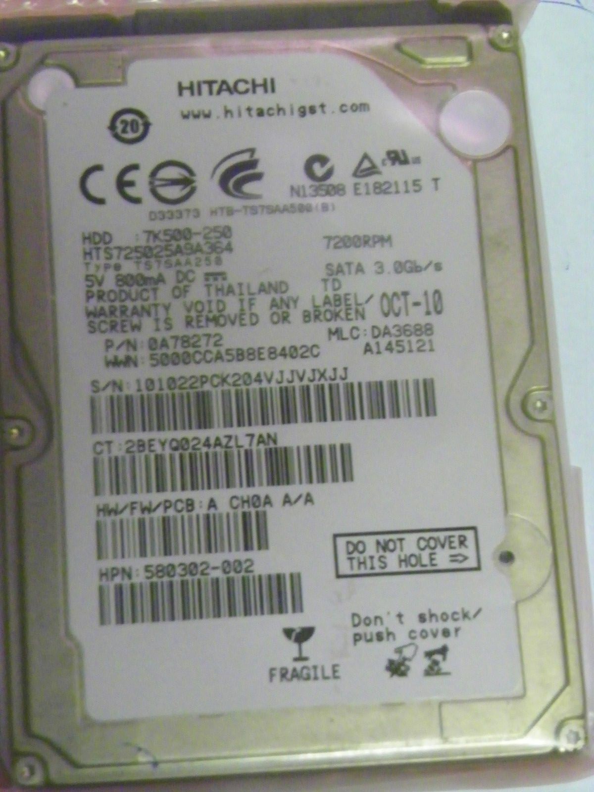 Hitachi HTS725025A9A364 P/N:0A78272 MLC:DA3688 FW:A CH0A A/A 250GB 2.5" SATA HDD