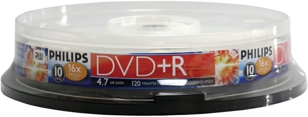 Philips DVD+R: 1-16x Speed, 120min, 4.7 GB DR4S6B10F/17 Cake Box Spindle - 10 Pk