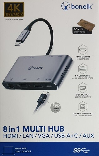 Bonelk 8 in 1 USB-C Multiport Hub Adapter - HDMI / LAN / 4x USB-A / USB-C PD/AUX