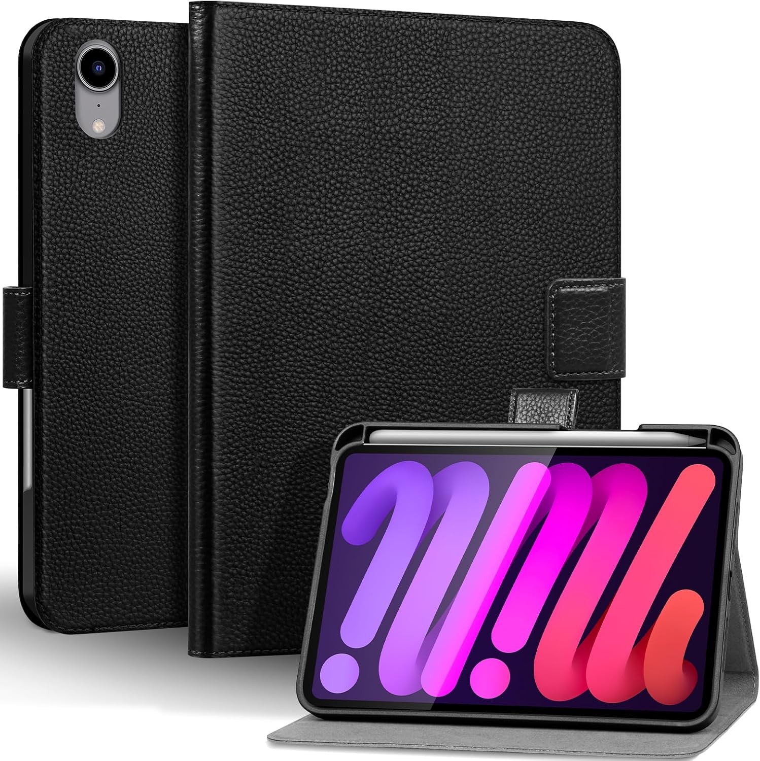 Black Genuine Leather Case for iPad mini 6th/7th Gen 8.3" | Adjustable Stand, Pe