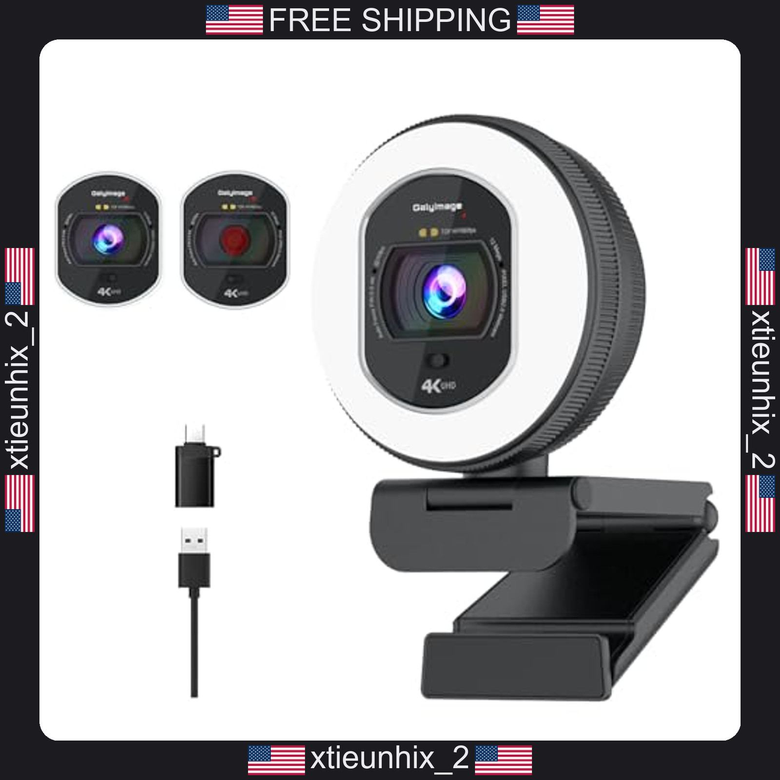 4K Webcam with Ring Light and Dual Microphones for PC Streaming