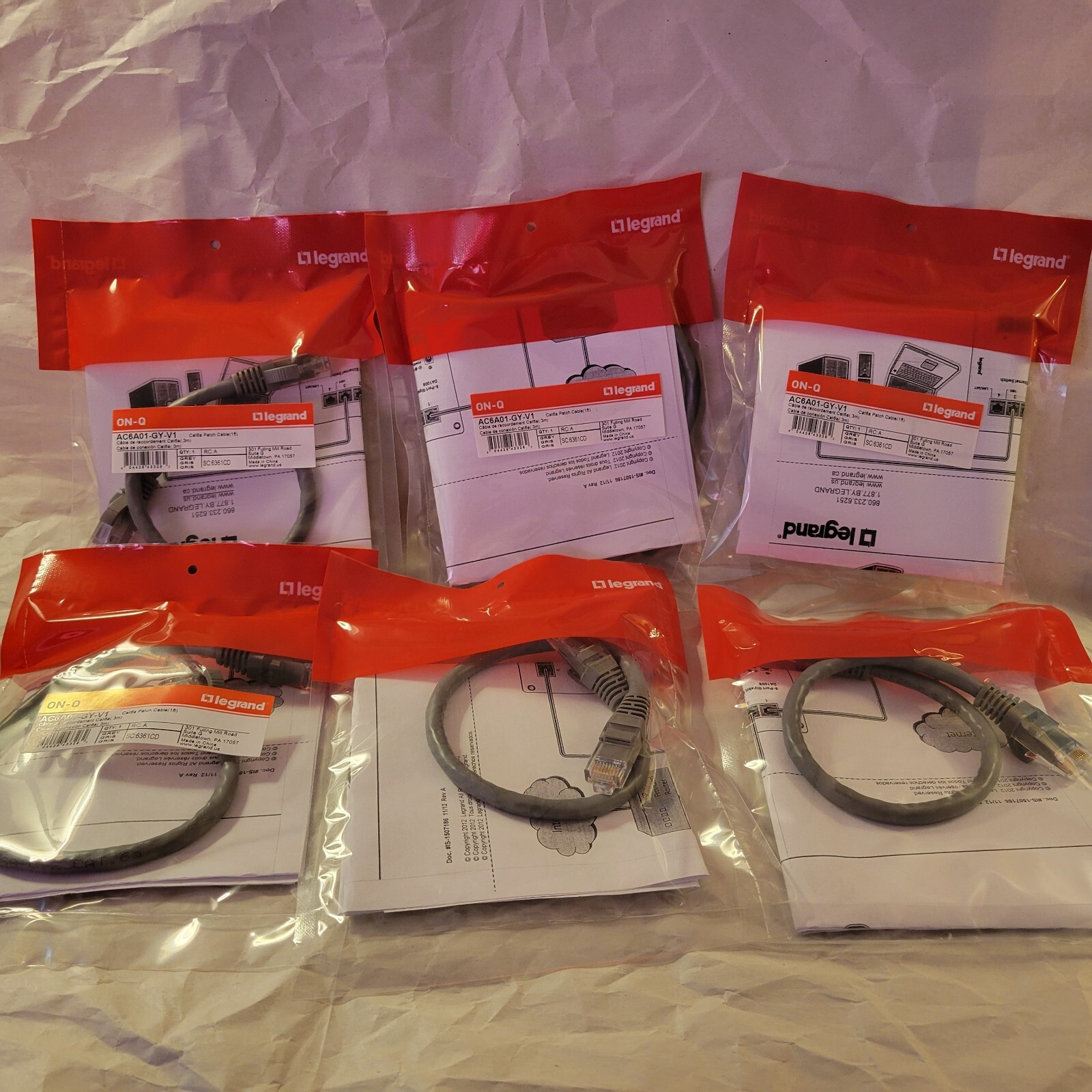 CASE OF 6 patch cables cat 6a Legrand ON-Q 1 ft (0.3m) long