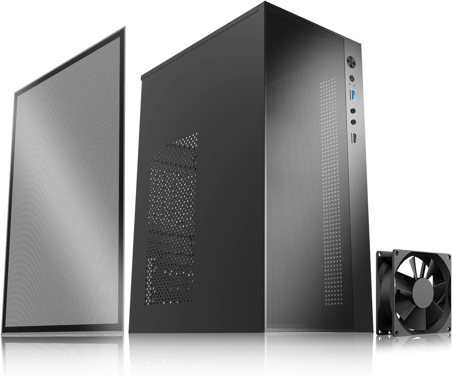 Micro ATX PC Case with 80mm Fan, High Airflow, Black