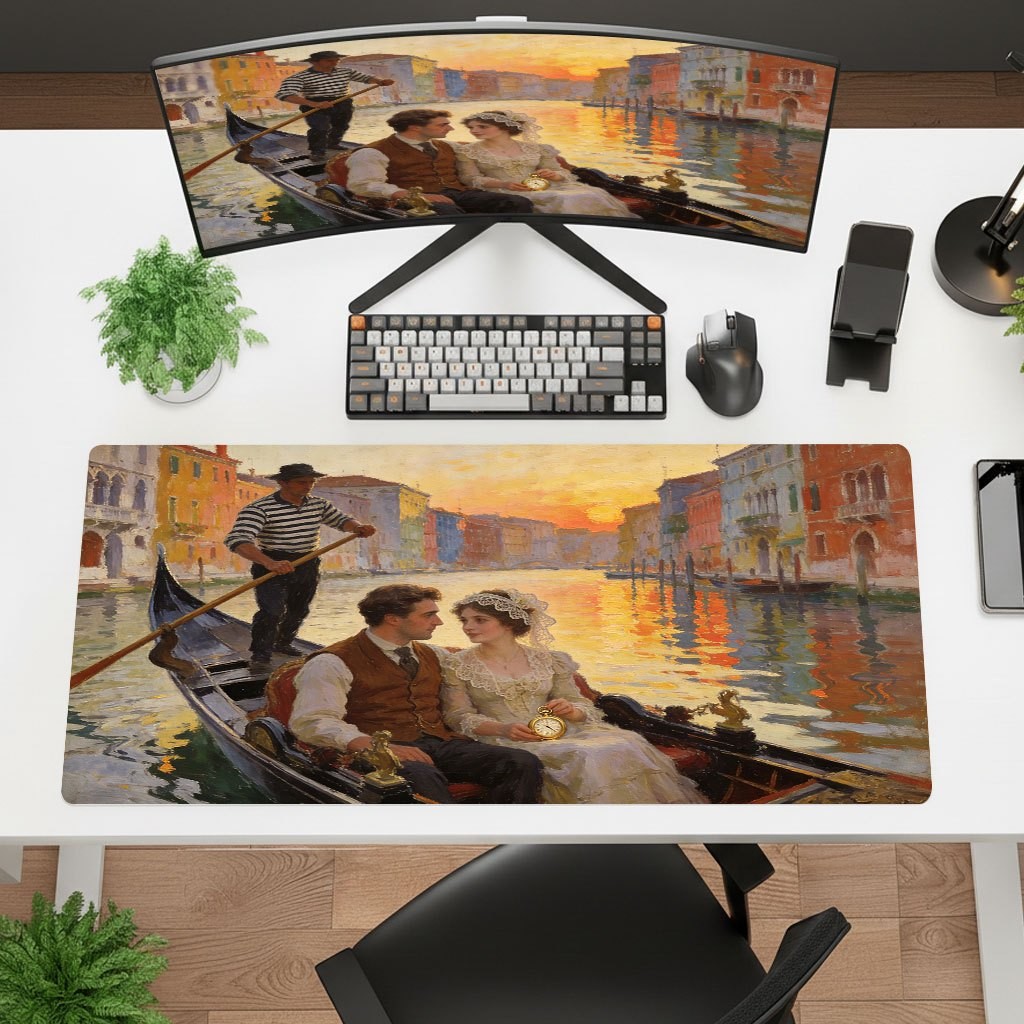 A River Scene at a Beautiful Sunset with a Couple on a Boat, Designed as a Cla