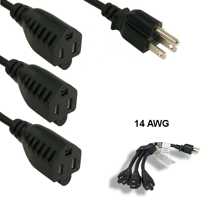 Kentek 36in NEMA 5-15P to NEMA 5-15R x3 Power Extension Splitter Cable 14AWG 15A