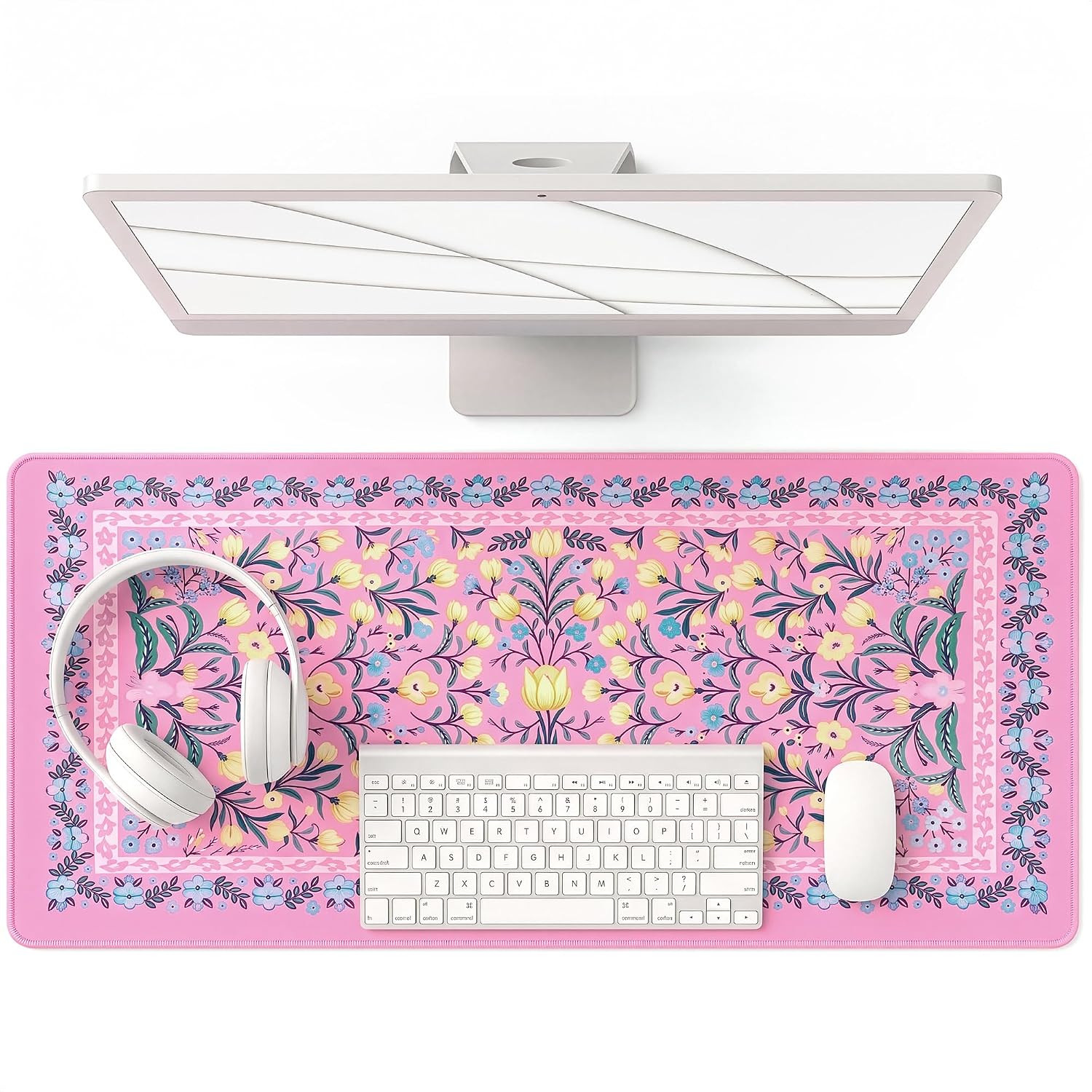 Pink Desk Mat 35.4"x15.7", Large Mouse Pad, Vintage Tulip Print