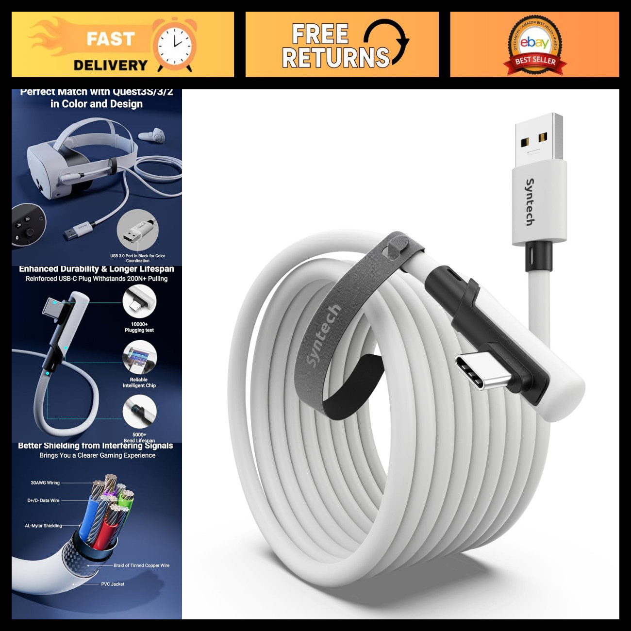 16FT USB 3.0 Link Cable for Meta Quest 3/3S/2 & Pico 4 - Fast Data Transfer