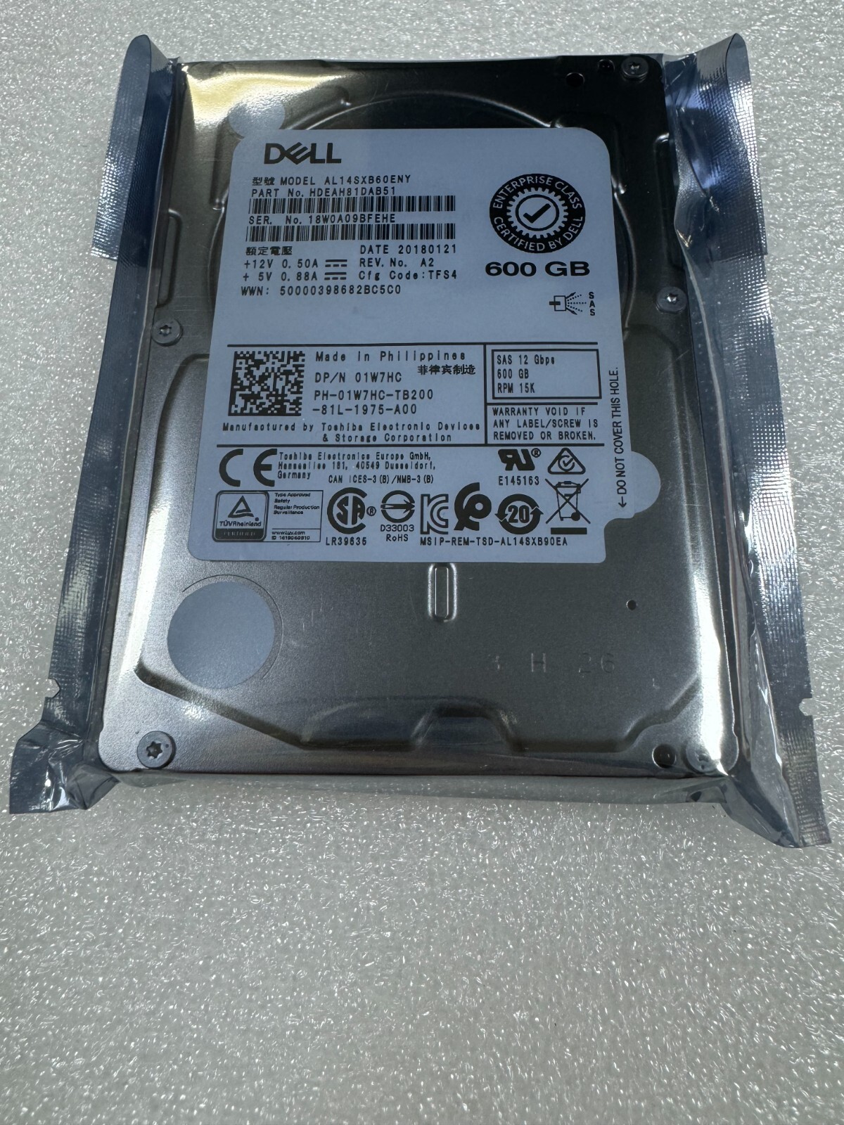 New Dell 600GB 15k RPM 2.5" Hdd AL14SXB60ENY 01W7HC 1W7HC without tray