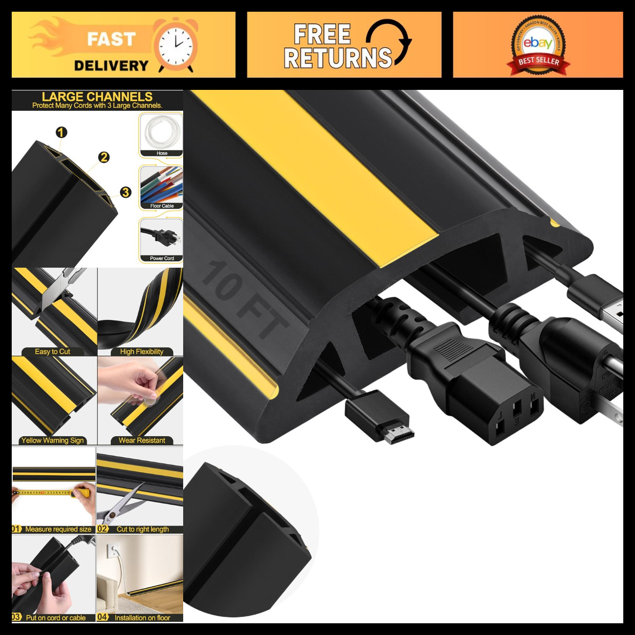 10FT Heavy Duty Floor Cord Cover - 3 Channel PVC Cable Protector for Home & Offi