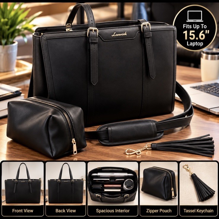 LOVEVOOK Black 15.6” Laptop Tote Bag w/ Shoulder Strap Pouch & Tassel NWT