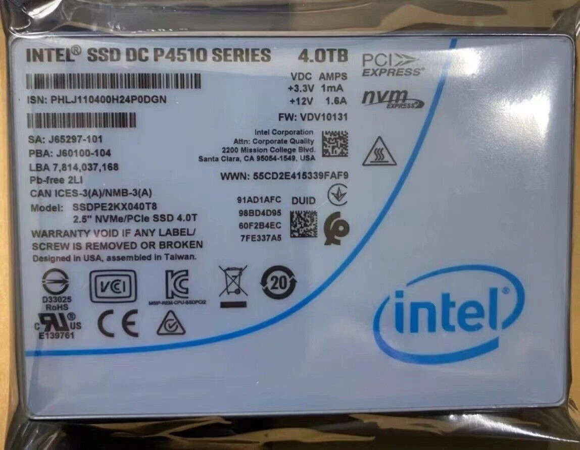 12pcs New Intel P4510 4TB SSD Series DC NVME U.2 SSDPE2KX040T8 free ups for VIP