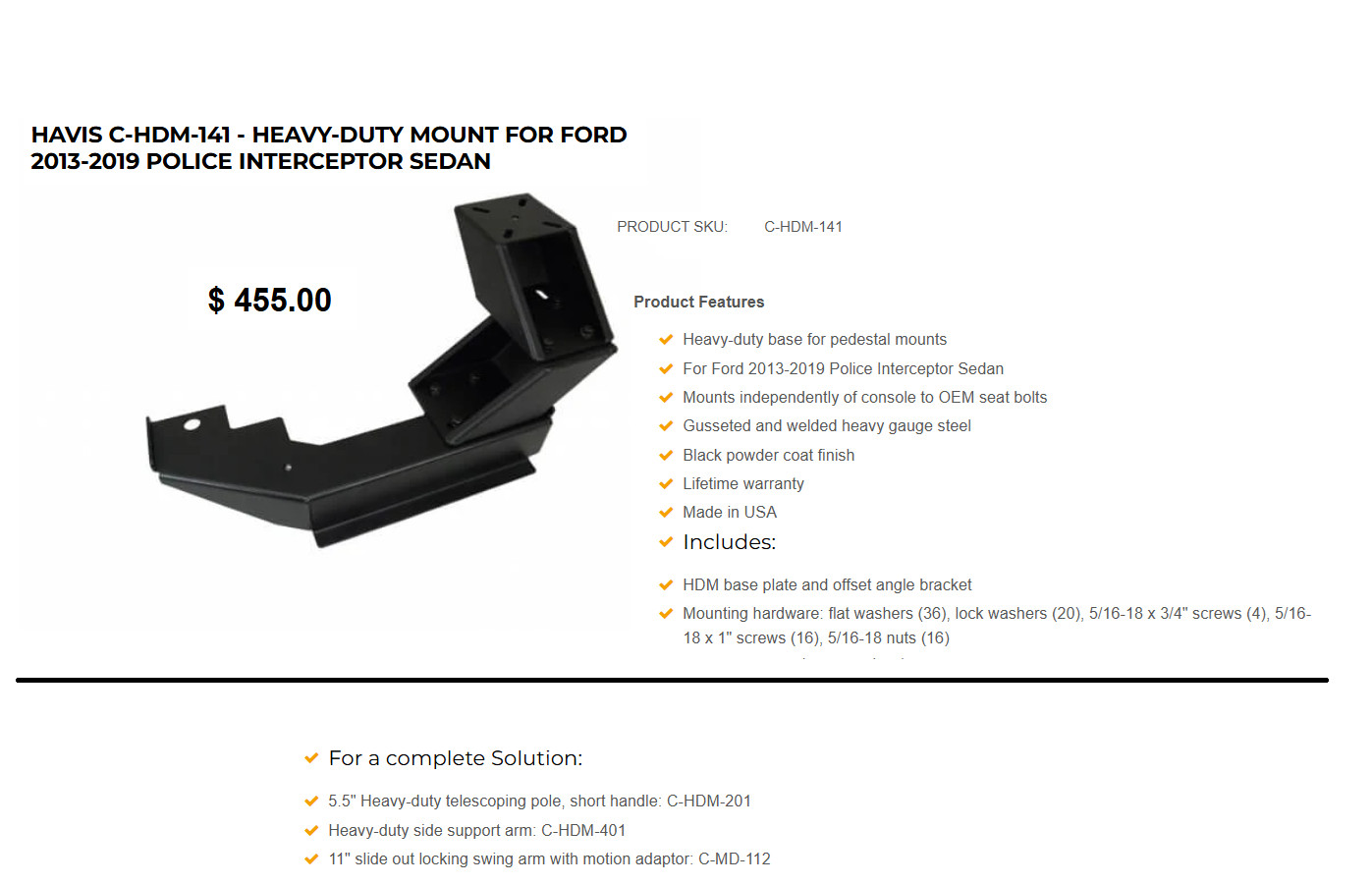 NEW Havis C-HDM-141 2013-2019 Ford Police Interceptor Sedan Pedestal Floor Mount