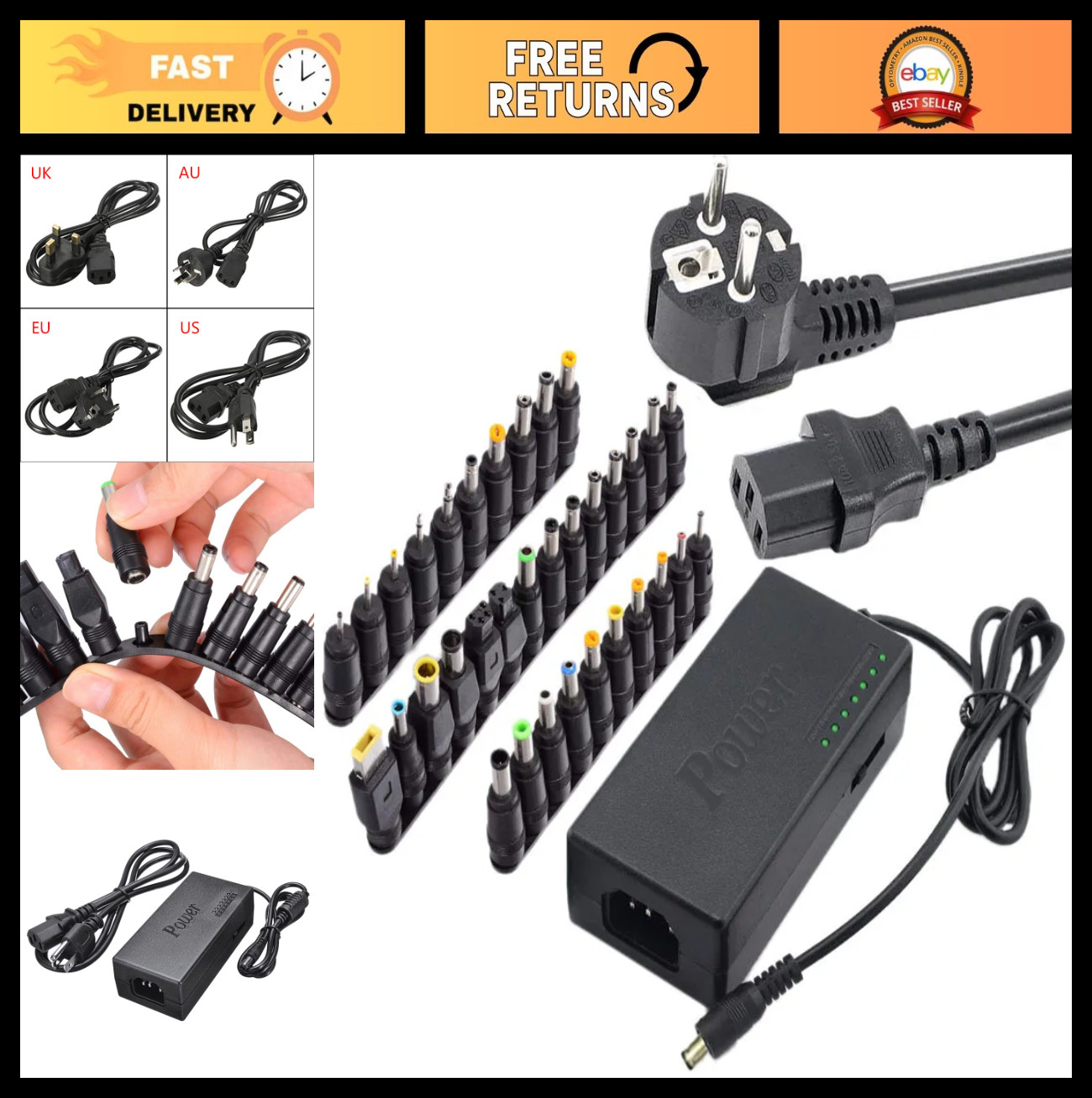 34Pcs Universal Power Adapter 96W 12V-24V Adjustable Portable Charger for Laptop