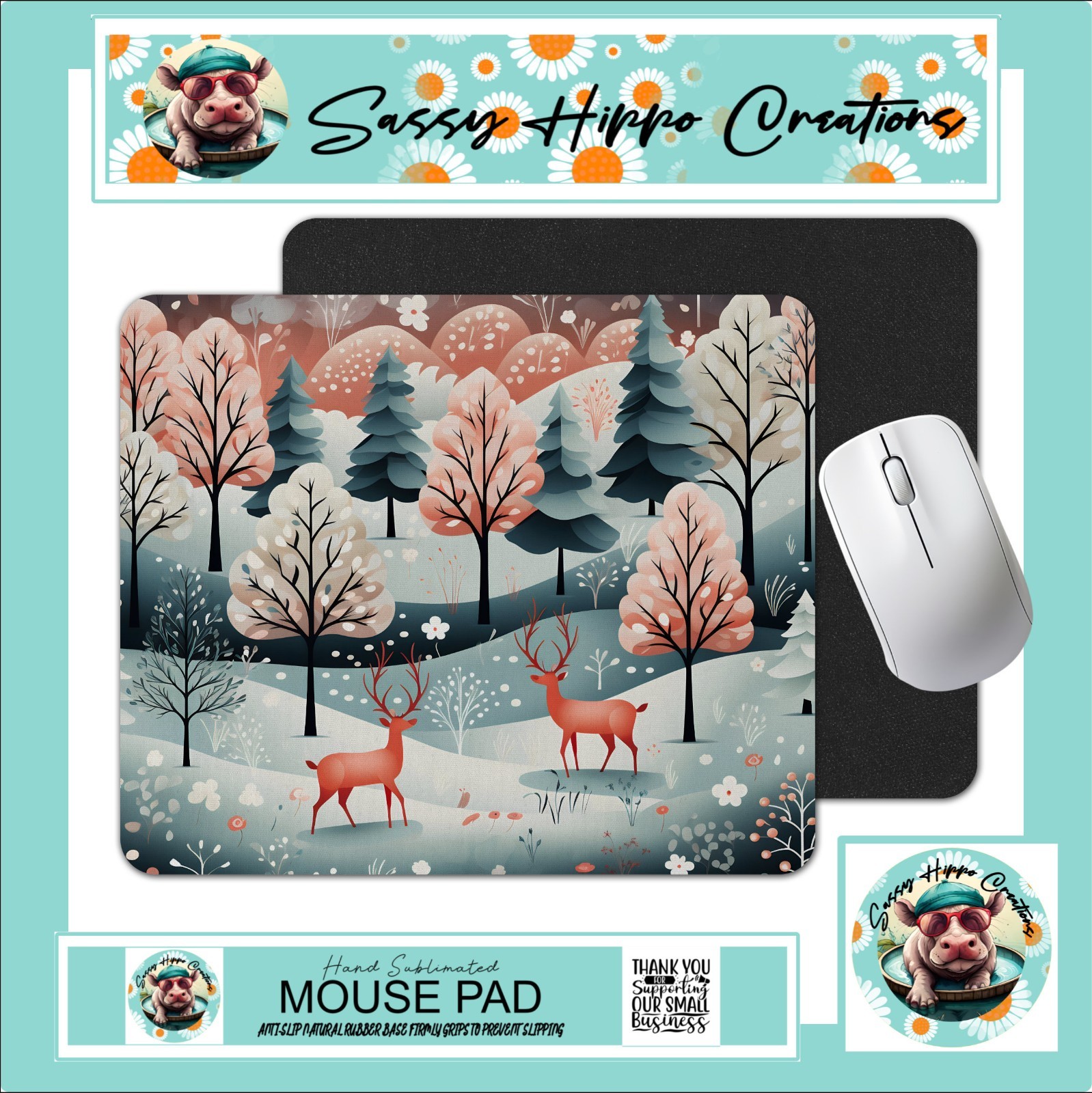 Mouse Pad Christmas Deer Forest Winter Holiday Anti Slip Back Easy Clean