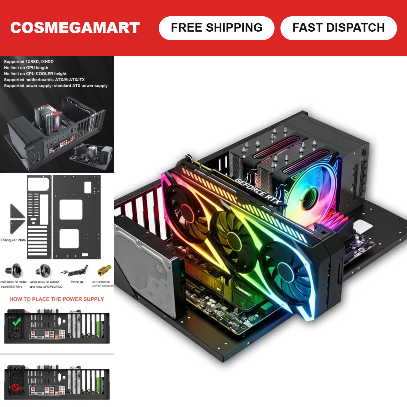 DIY Gaming PC Test Bench Open Chassis, ATX M-ATX ITX, Wide Cooling Design