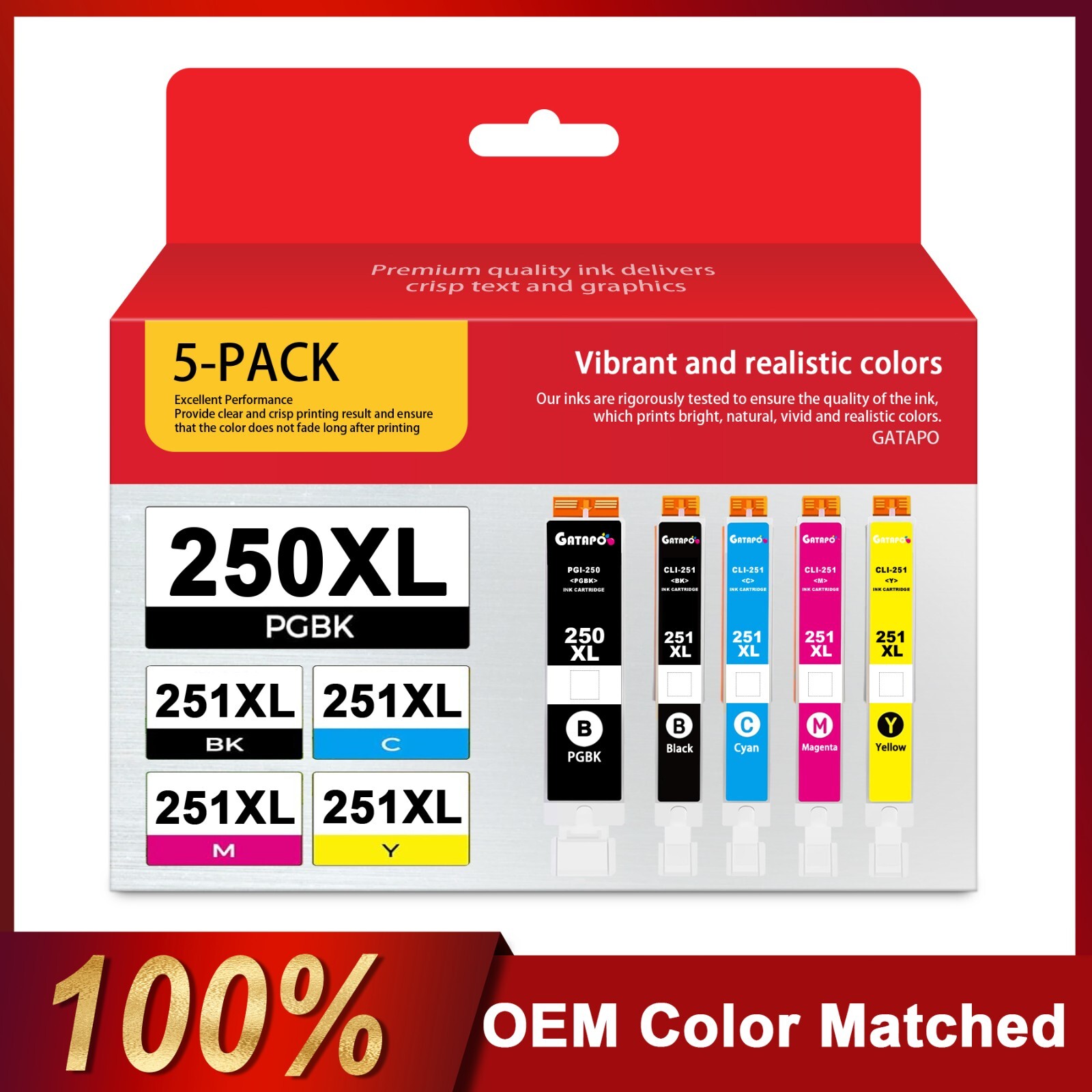PGI-250XL CLI-251XL Ink Set (5-Pack) for Canon IX6820 IP7220 Printers