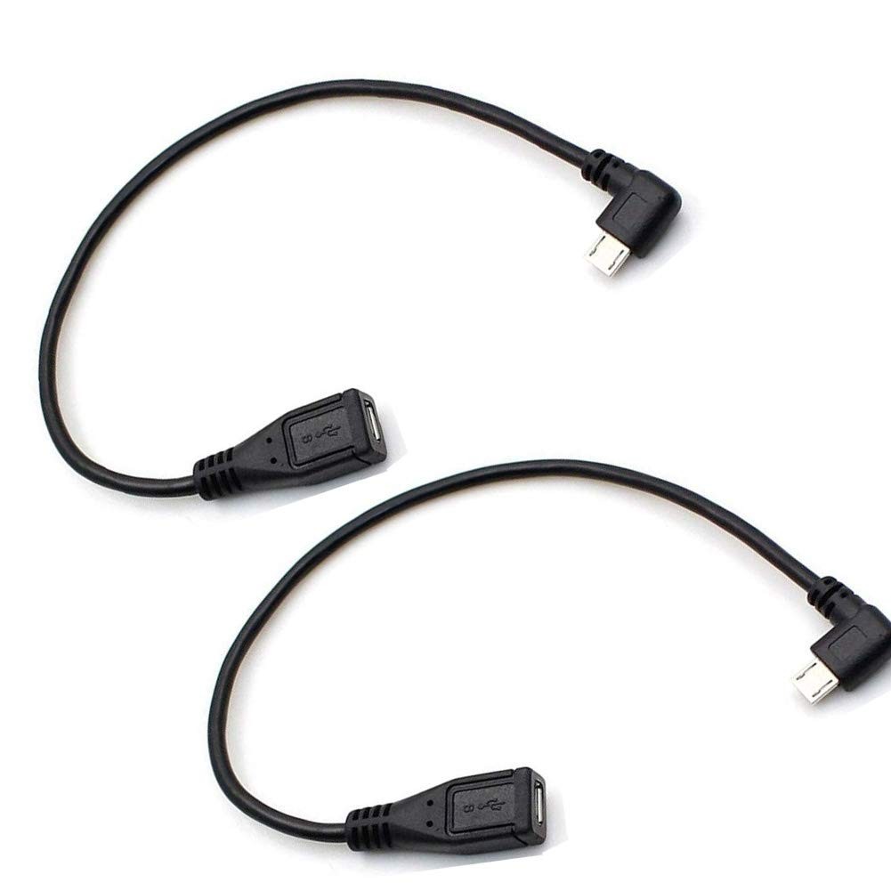 90 Degree Micro USB Extension Cable 2-Pack 10in for Samsung 10 inches, Black