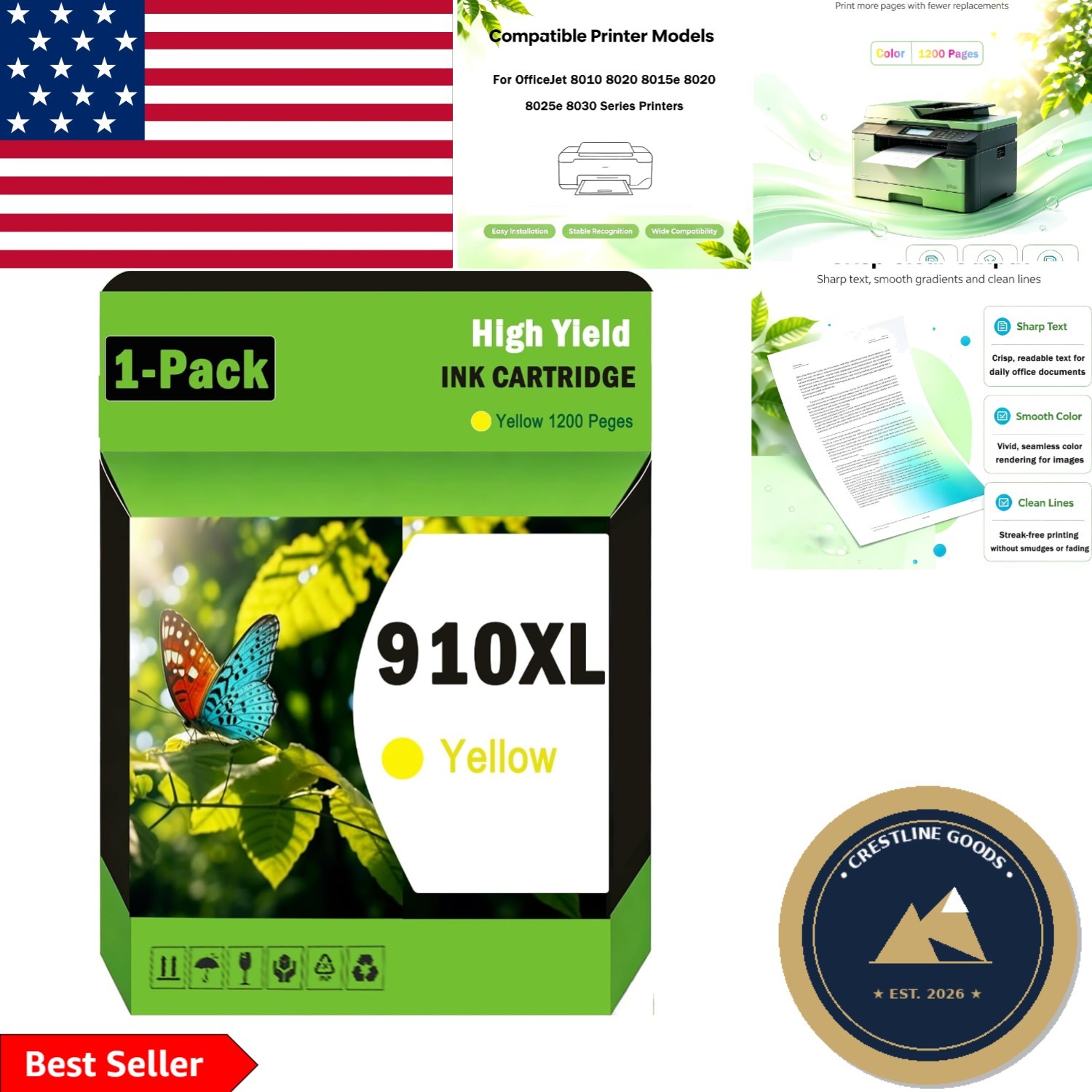 910XL Yellow Ink Cartridge with Latest Chips – 1200 Page Yield for OfficeJet USE